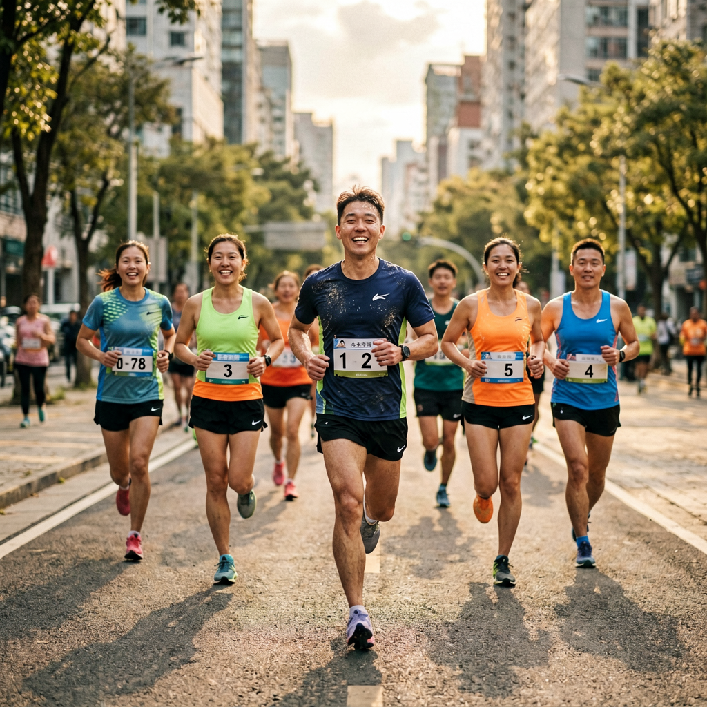 必一运动社区成员参与城市跑步活动的欢乐场景